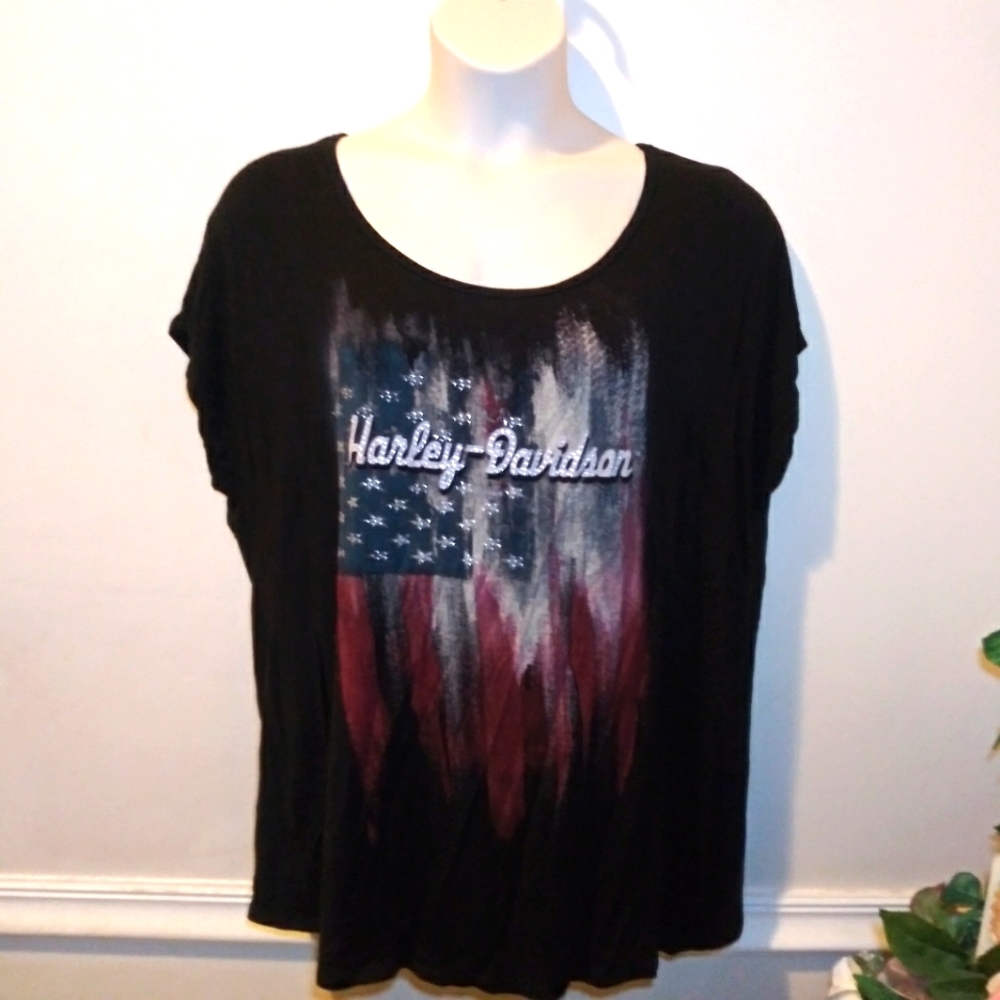 EUC Harley-Davidson Black Rhinestone Stylized American Flag Plus Size T-Shirt